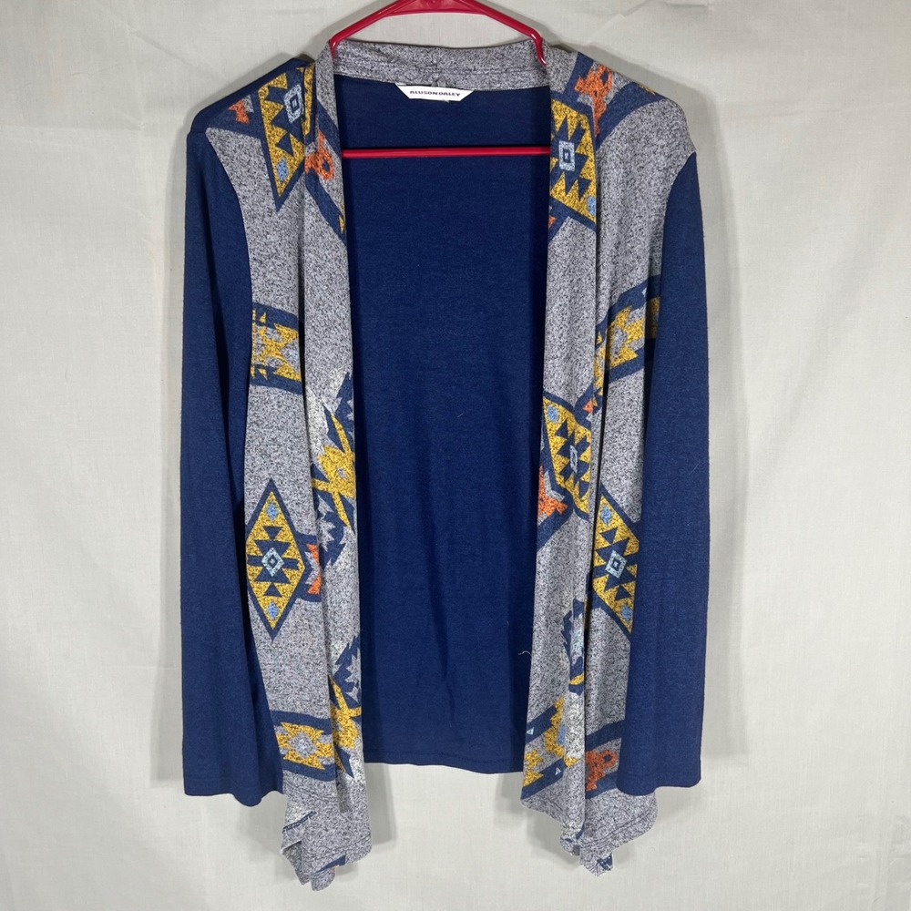 Allison Daley Southwestern Print Open Front Draped Cardigan Navy Grey Small